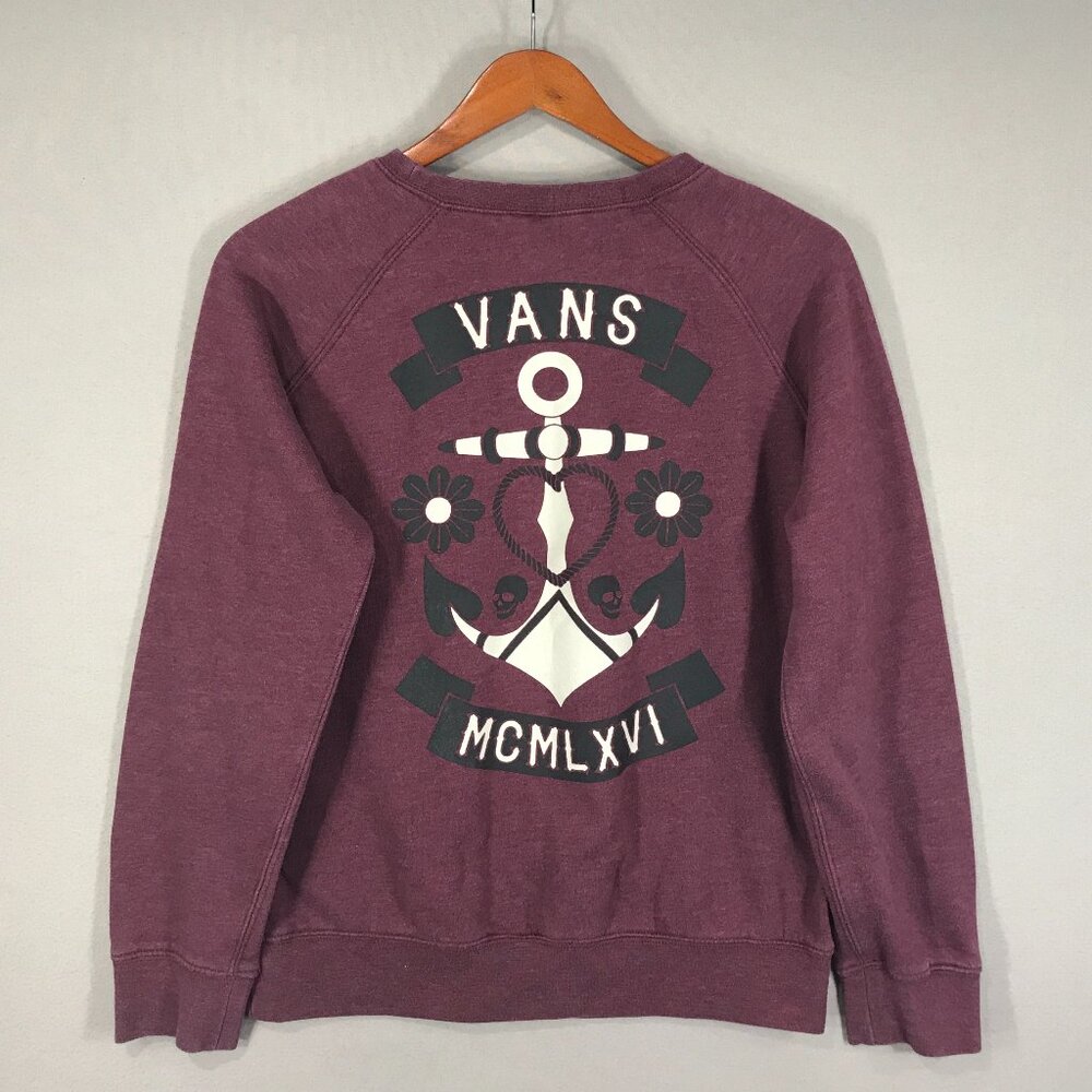 Vans Sweatshirt Teens Medium Red Graphic Logo Pullover Sweater Crew Anchor Skull - Picture 2 of 14